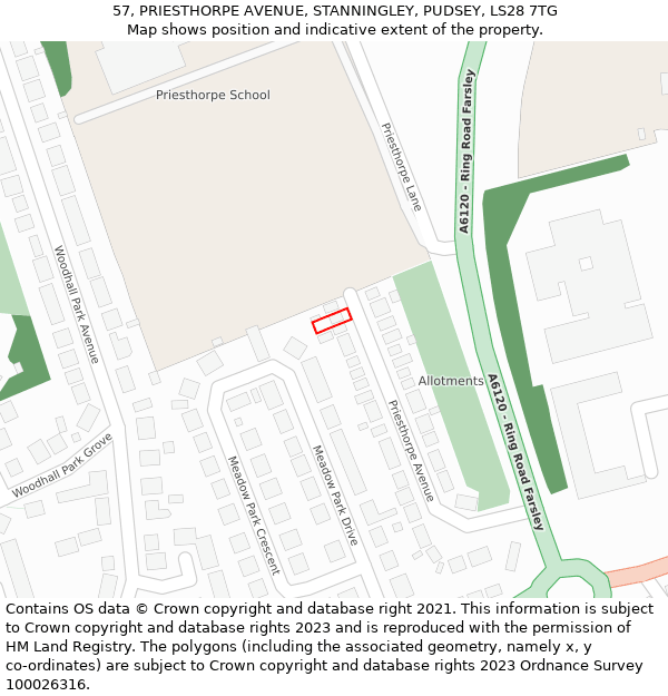 57, PRIESTHORPE AVENUE, STANNINGLEY, PUDSEY, LS28 7TG: Location map and indicative extent of plot