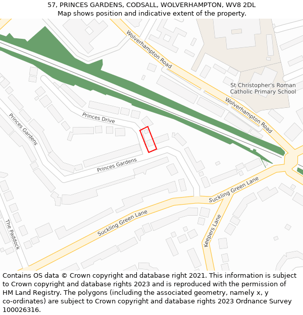 57, PRINCES GARDENS, CODSALL, WOLVERHAMPTON, WV8 2DL: Location map and indicative extent of plot