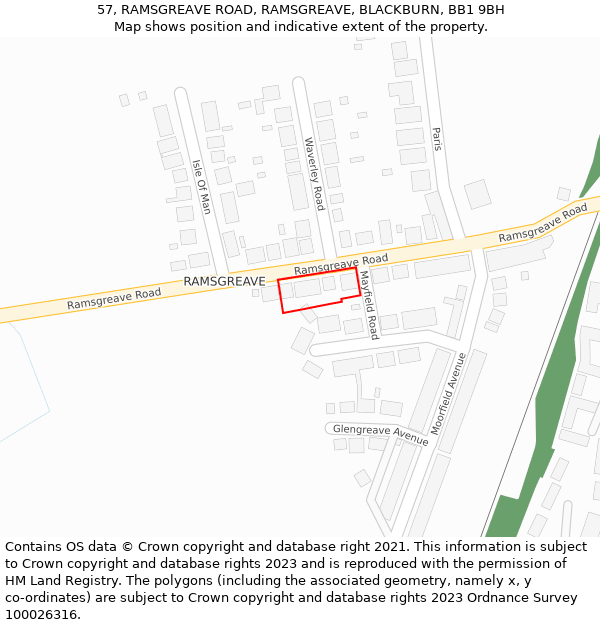 57, RAMSGREAVE ROAD, RAMSGREAVE, BLACKBURN, BB1 9BH: Location map and indicative extent of plot