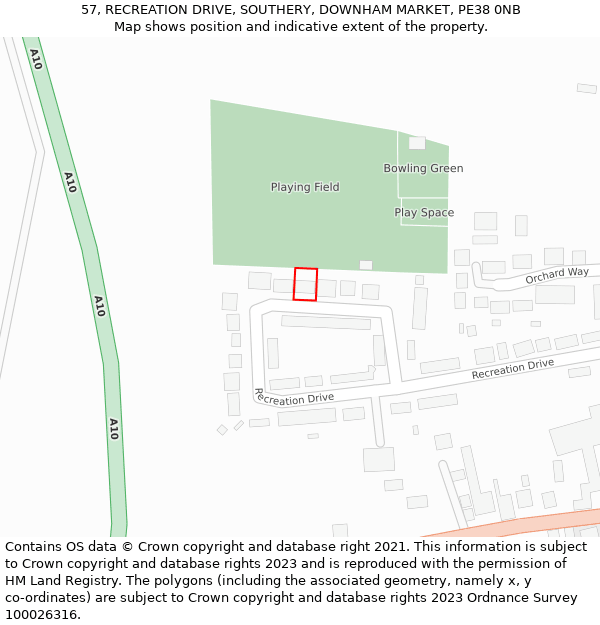 57, RECREATION DRIVE, SOUTHERY, DOWNHAM MARKET, PE38 0NB: Location map and indicative extent of plot