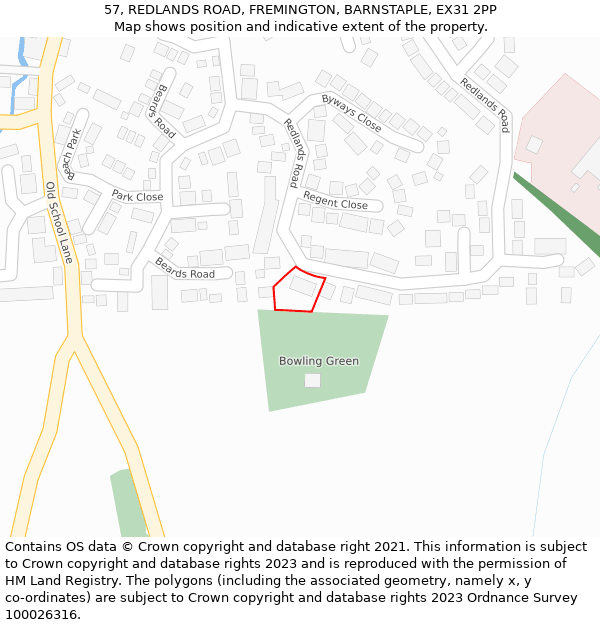 57, REDLANDS ROAD, FREMINGTON, BARNSTAPLE, EX31 2PP: Location map and indicative extent of plot