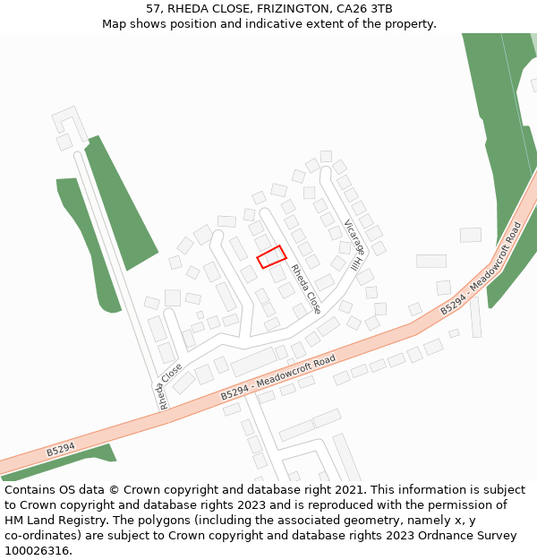 57, RHEDA CLOSE, FRIZINGTON, CA26 3TB: Location map and indicative extent of plot