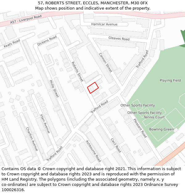 57, ROBERTS STREET, ECCLES, MANCHESTER, M30 0FX: Location map and indicative extent of plot