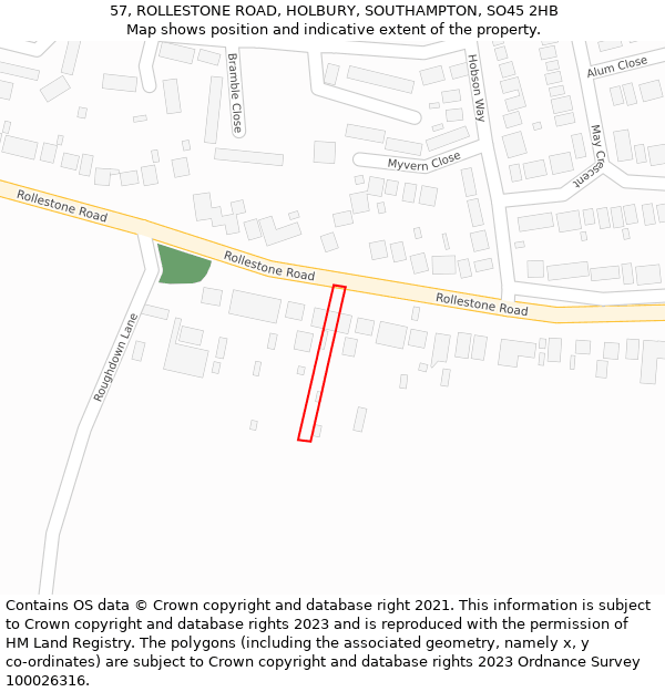 57, ROLLESTONE ROAD, HOLBURY, SOUTHAMPTON, SO45 2HB: Location map and indicative extent of plot