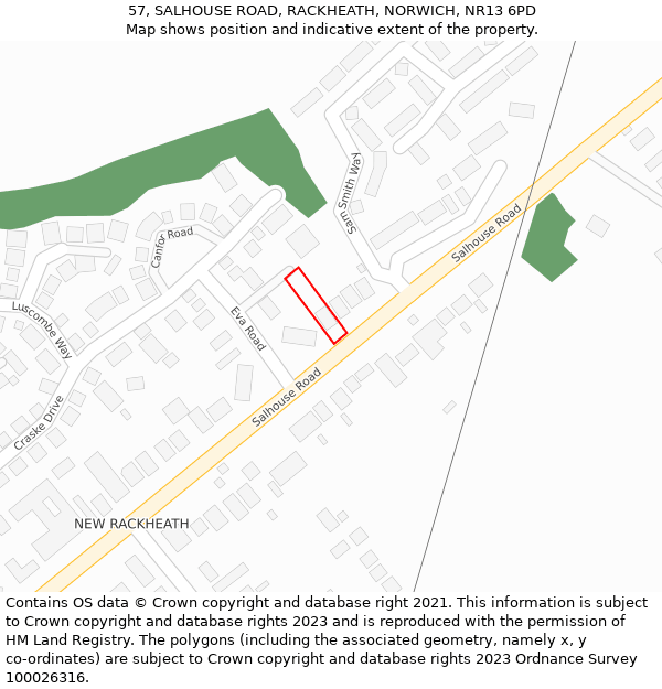 57, SALHOUSE ROAD, RACKHEATH, NORWICH, NR13 6PD: Location map and indicative extent of plot