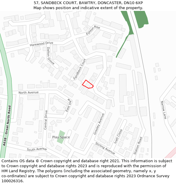 57, SANDBECK COURT, BAWTRY, DONCASTER, DN10 6XP: Location map and indicative extent of plot