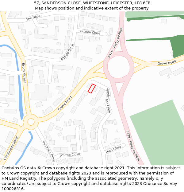 57, SANDERSON CLOSE, WHETSTONE, LEICESTER, LE8 6ER: Location map and indicative extent of plot