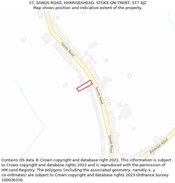 57, SANDS ROAD, HARRISEAHEAD, STOKE-ON-TRENT, ST7 4JZ: Location map and indicative extent of plot