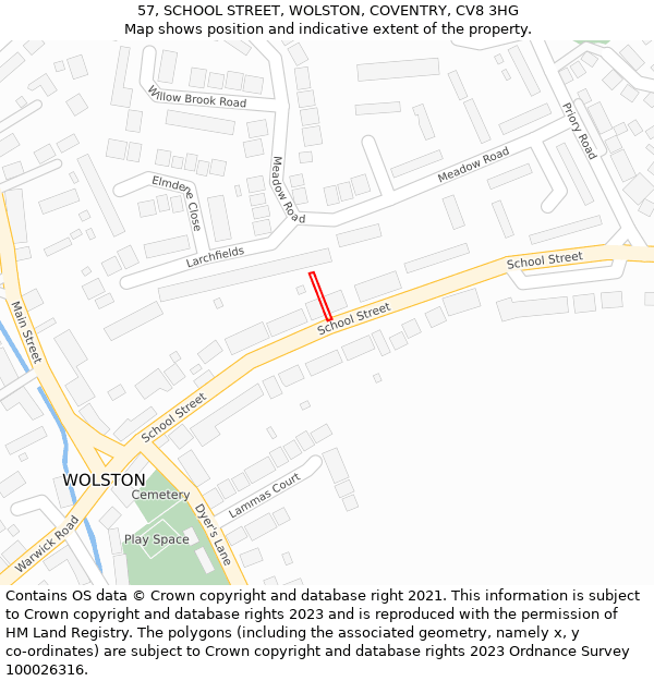 57, SCHOOL STREET, WOLSTON, COVENTRY, CV8 3HG: Location map and indicative extent of plot