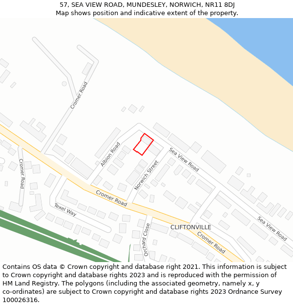 57, SEA VIEW ROAD, MUNDESLEY, NORWICH, NR11 8DJ: Location map and indicative extent of plot