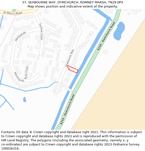 57, SEABOURNE WAY, DYMCHURCH, ROMNEY MARSH, TN29 0PX: Location map and indicative extent of plot