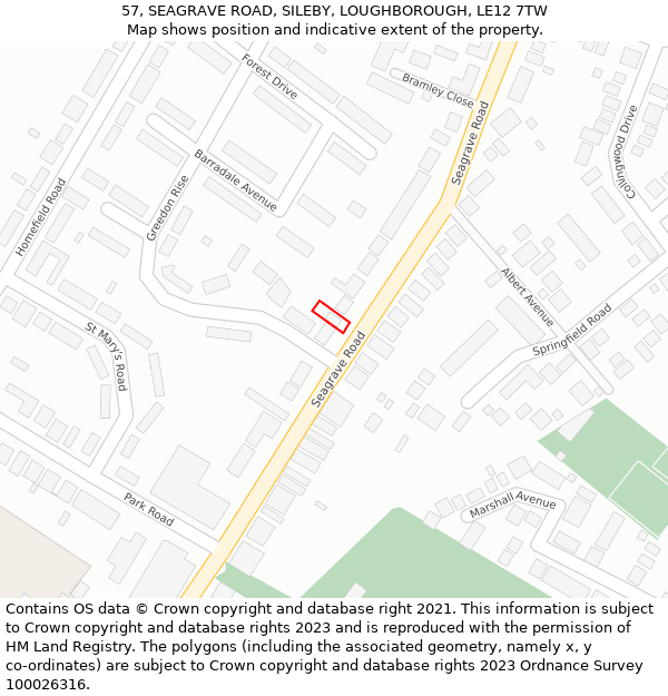 57, SEAGRAVE ROAD, SILEBY, LOUGHBOROUGH, LE12 7TW: Location map and indicative extent of plot