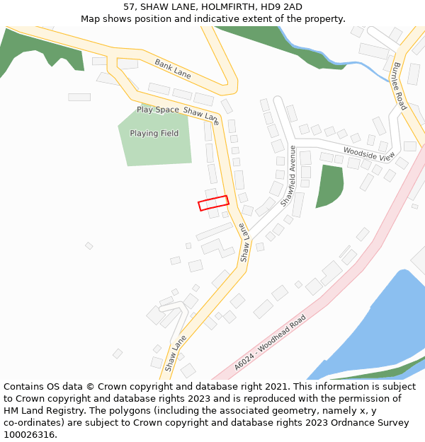 57, SHAW LANE, HOLMFIRTH, HD9 2AD: Location map and indicative extent of plot