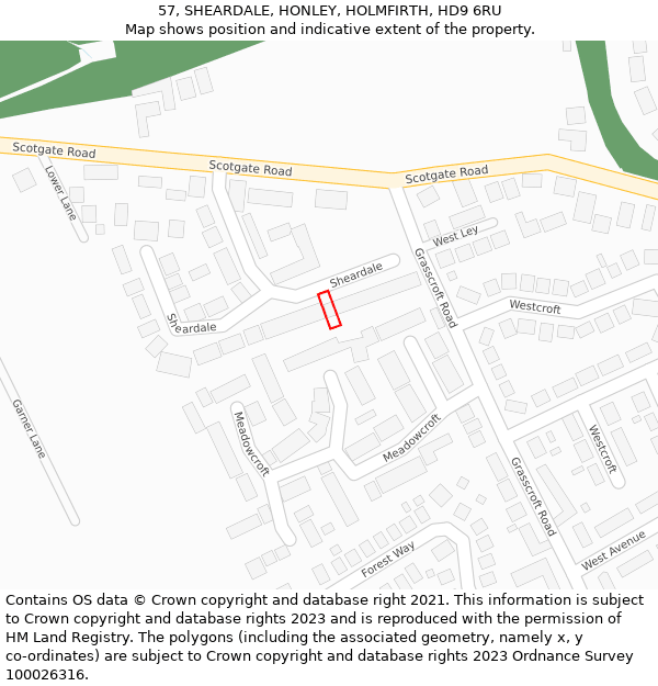 57, SHEARDALE, HONLEY, HOLMFIRTH, HD9 6RU: Location map and indicative extent of plot