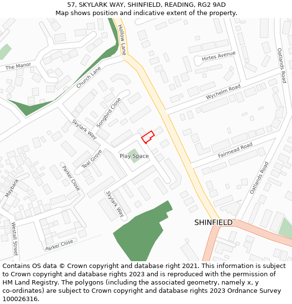 57, SKYLARK WAY, SHINFIELD, READING, RG2 9AD: Location map and indicative extent of plot