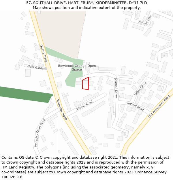 57, SOUTHALL DRIVE, HARTLEBURY, KIDDERMINSTER, DY11 7LD: Location map and indicative extent of plot