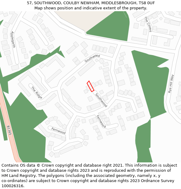 57, SOUTHWOOD, COULBY NEWHAM, MIDDLESBROUGH, TS8 0UF: Location map and indicative extent of plot