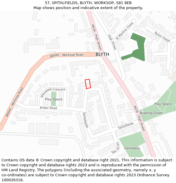 57, SPITALFIELDS, BLYTH, WORKSOP, S81 8EB: Location map and indicative extent of plot