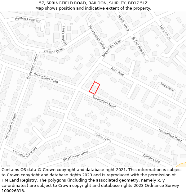 57, SPRINGFIELD ROAD, BAILDON, SHIPLEY, BD17 5LZ: Location map and indicative extent of plot