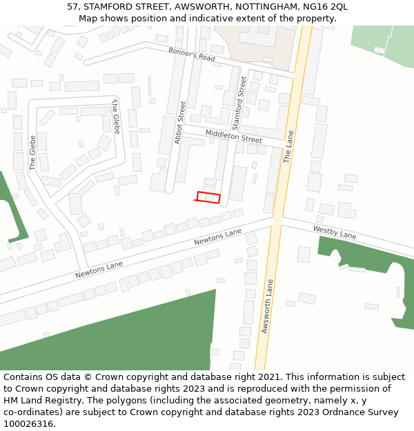 57, STAMFORD STREET, AWSWORTH, NOTTINGHAM, NG16 2QL: Location map and indicative extent of plot