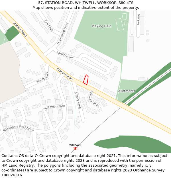 57, STATION ROAD, WHITWELL, WORKSOP, S80 4TS: Location map and indicative extent of plot