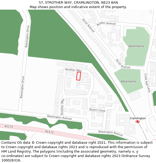 57, STROTHER WAY, CRAMLINGTON, NE23 8AN: Location map and indicative extent of plot