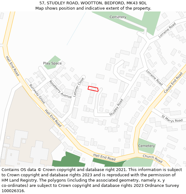 57, STUDLEY ROAD, WOOTTON, BEDFORD, MK43 9DL: Location map and indicative extent of plot