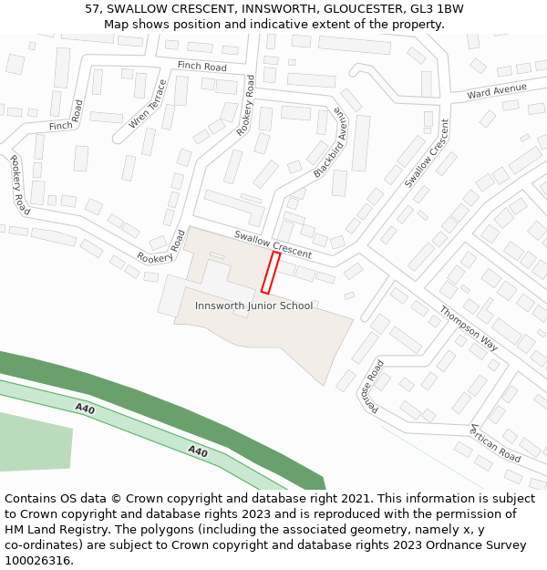 57, SWALLOW CRESCENT, INNSWORTH, GLOUCESTER, GL3 1BW: Location map and indicative extent of plot