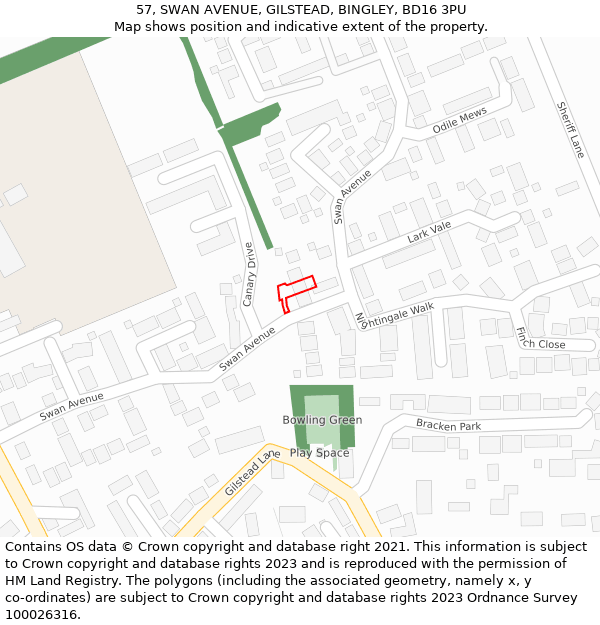 57, SWAN AVENUE, GILSTEAD, BINGLEY, BD16 3PU: Location map and indicative extent of plot
