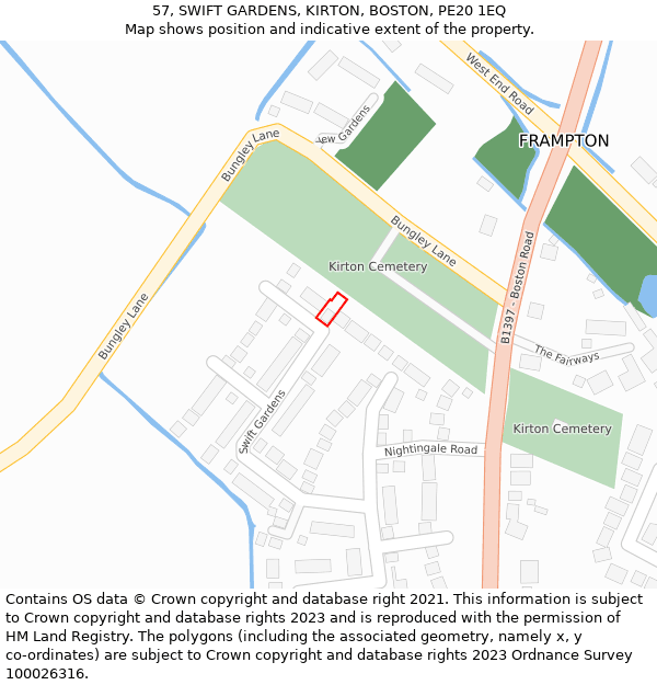 57, SWIFT GARDENS, KIRTON, BOSTON, PE20 1EQ: Location map and indicative extent of plot