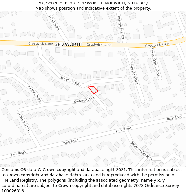 57, SYDNEY ROAD, SPIXWORTH, NORWICH, NR10 3PQ: Location map and indicative extent of plot