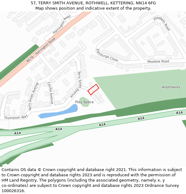 57, TERRY SMITH AVENUE, ROTHWELL, KETTERING, NN14 6FG: Location map and indicative extent of plot