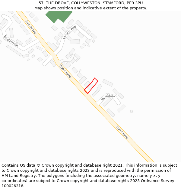 57, THE DROVE, COLLYWESTON, STAMFORD, PE9 3PU: Location map and indicative extent of plot