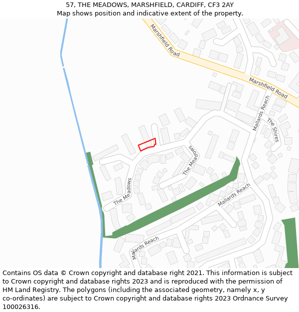 57, THE MEADOWS, MARSHFIELD, CARDIFF, CF3 2AY: Location map and indicative extent of plot