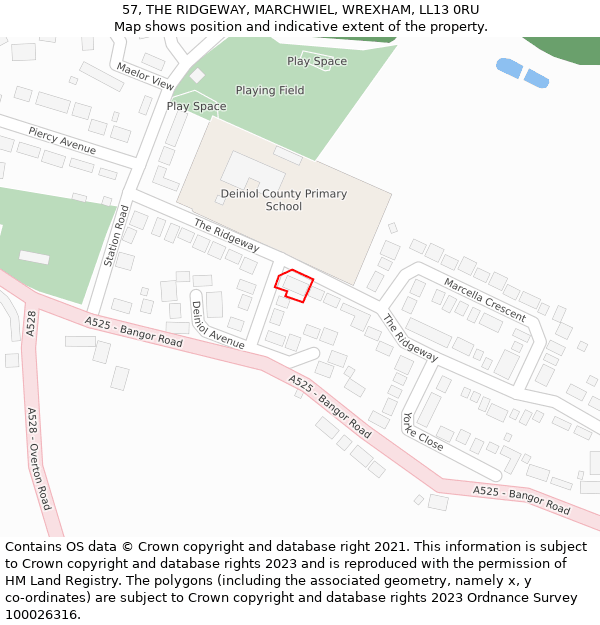 57, THE RIDGEWAY, MARCHWIEL, WREXHAM, LL13 0RU: Location map and indicative extent of plot