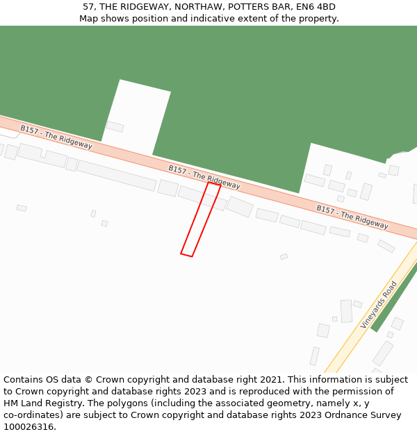 57, THE RIDGEWAY, NORTHAW, POTTERS BAR, EN6 4BD: Location map and indicative extent of plot