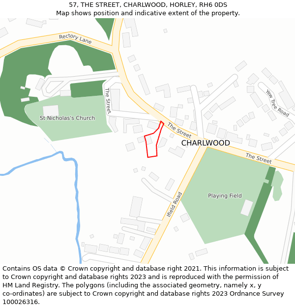 57, THE STREET, CHARLWOOD, HORLEY, RH6 0DS: Location map and indicative extent of plot