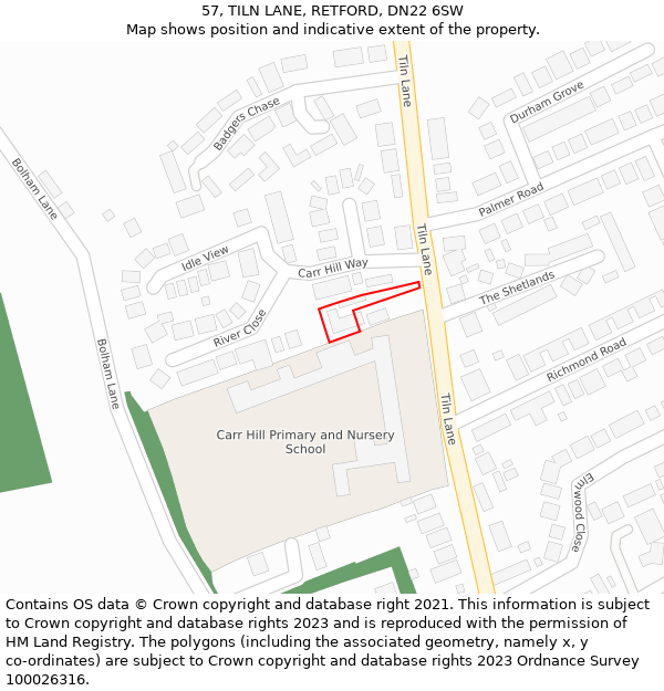 57, TILN LANE, RETFORD, DN22 6SW: Location map and indicative extent of plot