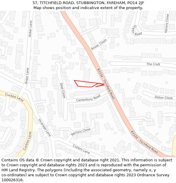 57, TITCHFIELD ROAD, STUBBINGTON, FAREHAM, PO14 2JF: Location map and indicative extent of plot