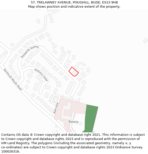 57, TRELAWNEY AVENUE, POUGHILL, BUDE, EX23 9HB: Location map and indicative extent of plot