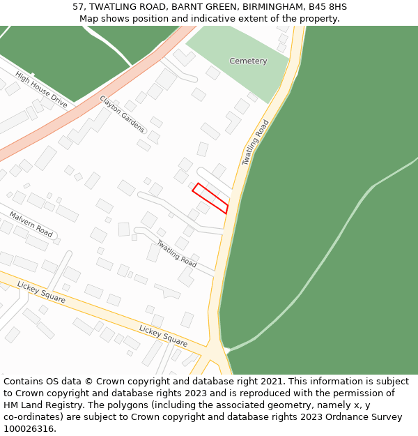 57, TWATLING ROAD, BARNT GREEN, BIRMINGHAM, B45 8HS: Location map and indicative extent of plot