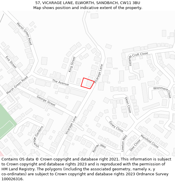 57, VICARAGE LANE, ELWORTH, SANDBACH, CW11 3BU: Location map and indicative extent of plot