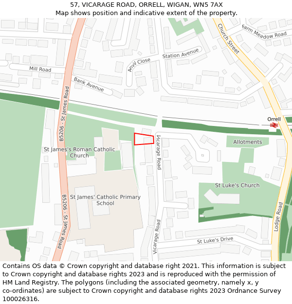 57, VICARAGE ROAD, ORRELL, WIGAN, WN5 7AX: Location map and indicative extent of plot