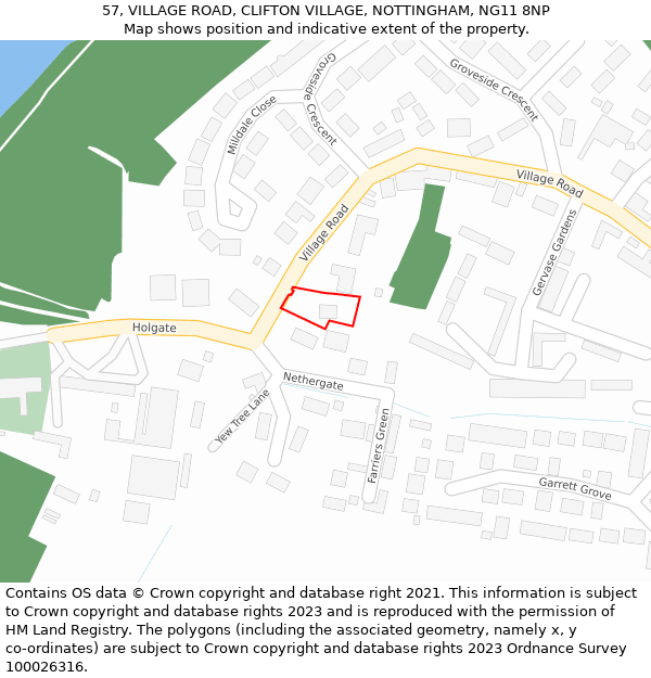 57, VILLAGE ROAD, CLIFTON VILLAGE, NOTTINGHAM, NG11 8NP: Location map and indicative extent of plot