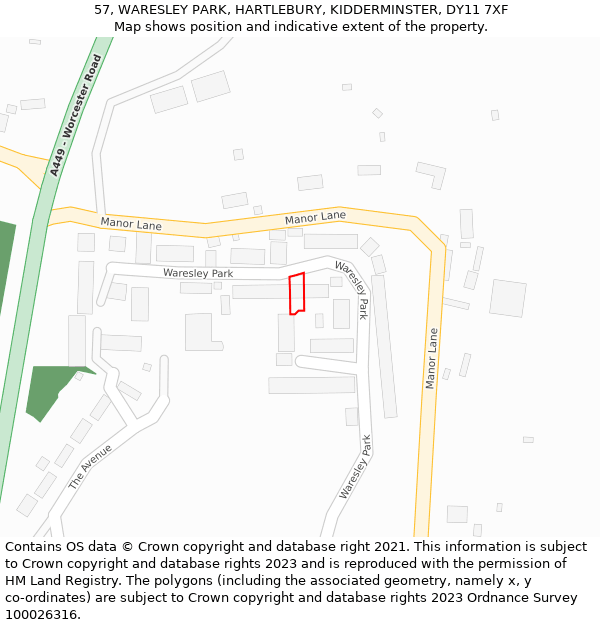 57, WARESLEY PARK, HARTLEBURY, KIDDERMINSTER, DY11 7XF: Location map and indicative extent of plot