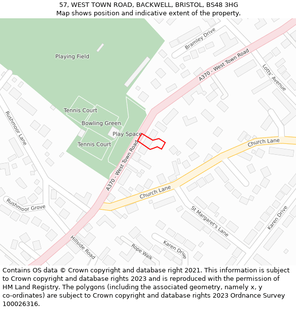 57, WEST TOWN ROAD, BACKWELL, BRISTOL, BS48 3HG: Location map and indicative extent of plot