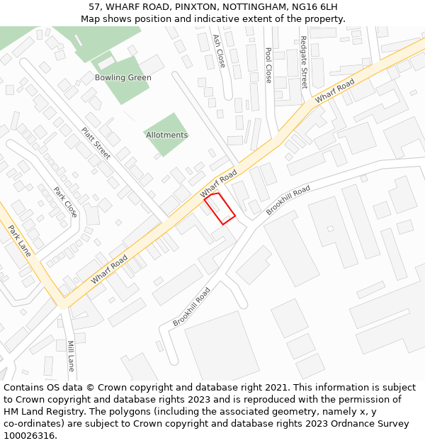 57, WHARF ROAD, PINXTON, NOTTINGHAM, NG16 6LH: Location map and indicative extent of plot