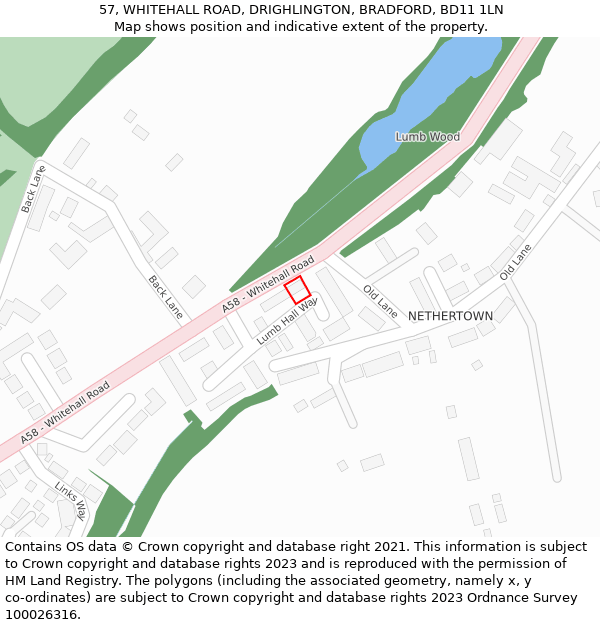57, WHITEHALL ROAD, DRIGHLINGTON, BRADFORD, BD11 1LN: Location map and indicative extent of plot