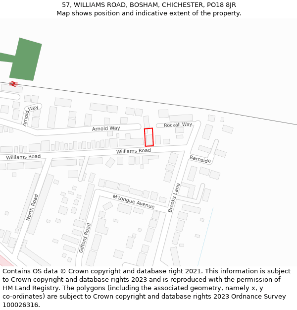 57, WILLIAMS ROAD, BOSHAM, CHICHESTER, PO18 8JR: Location map and indicative extent of plot