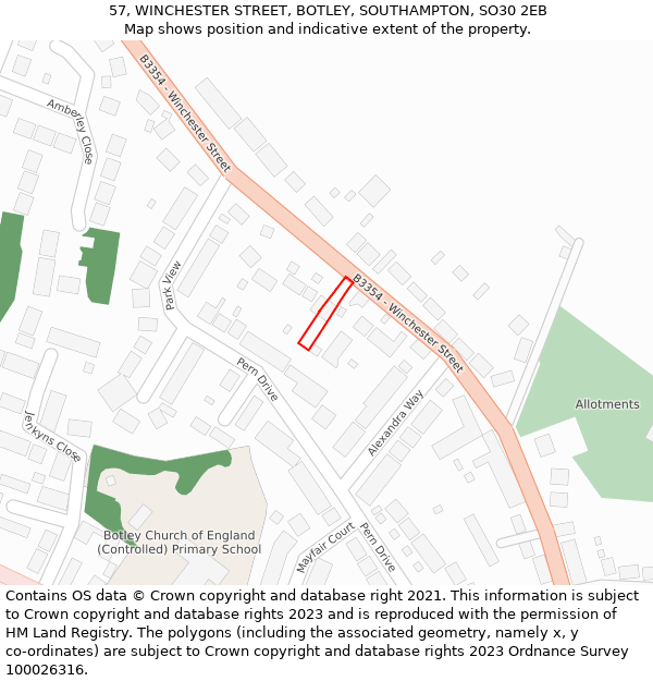 57, WINCHESTER STREET, BOTLEY, SOUTHAMPTON, SO30 2EB: Location map and indicative extent of plot